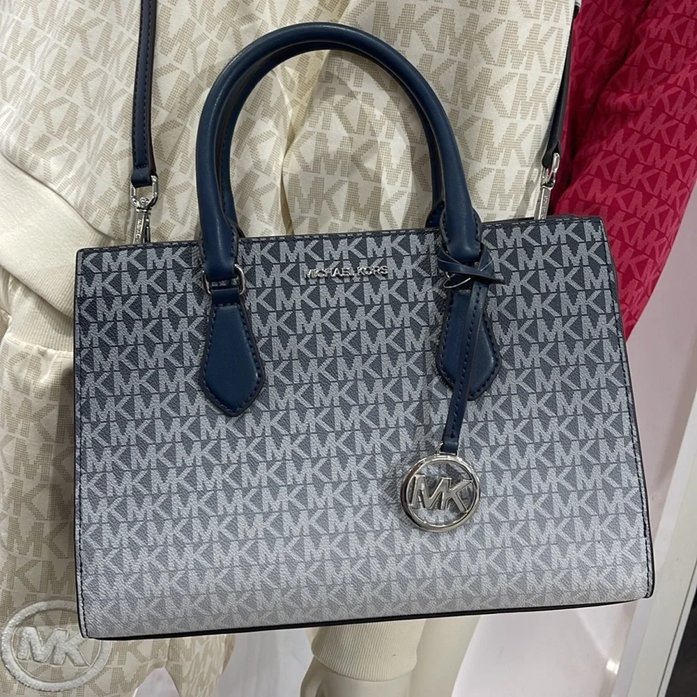 MICHAEL KORS Sheila Medium Ombré Signature Logo CZ Satchel Crossbody Navy NWT